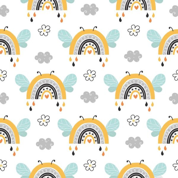 Cute Bees Rainbows with Flowers Fabric - White Online now